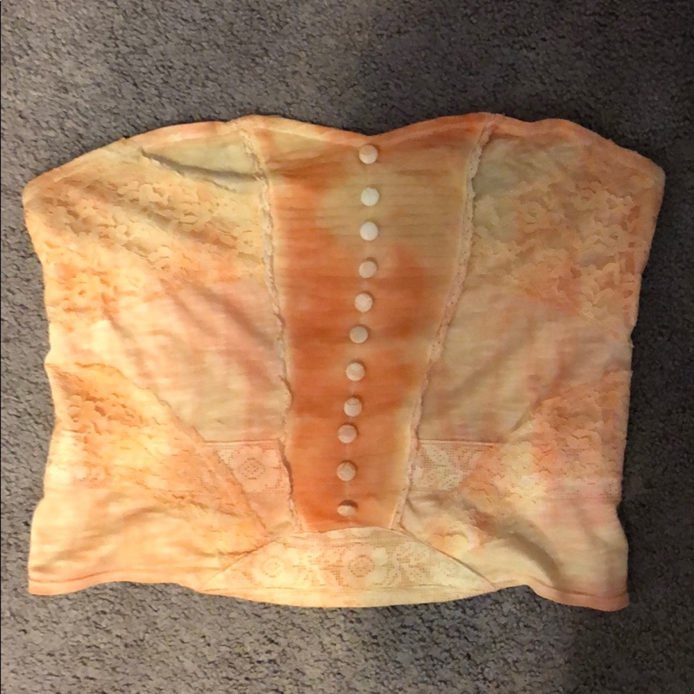 peach strapless top with lace details